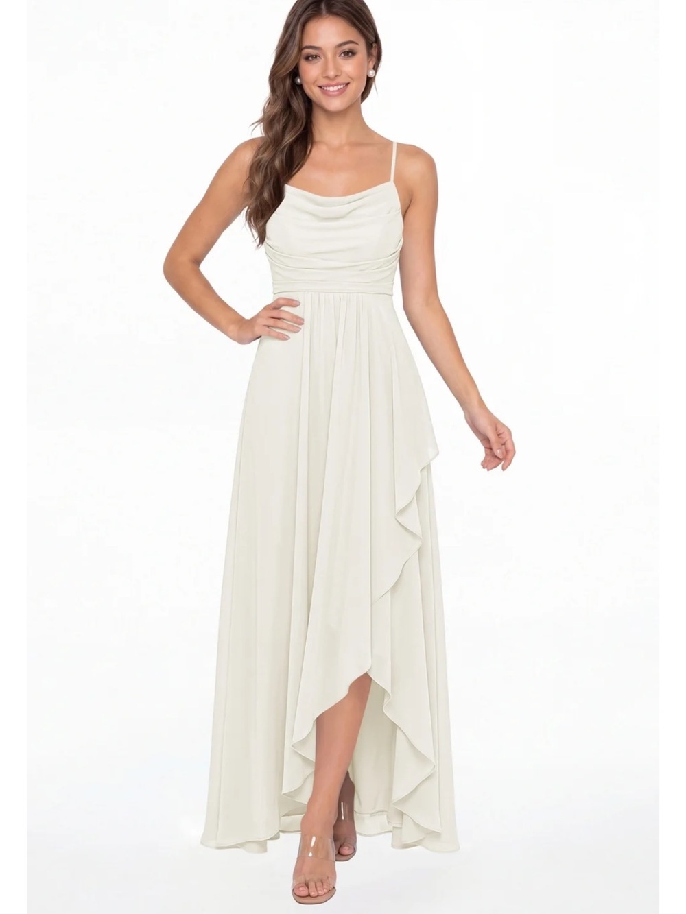 INEWER Cowl Neck High Low Chiffon Ruched Maxi Gown White Size 6 NWT